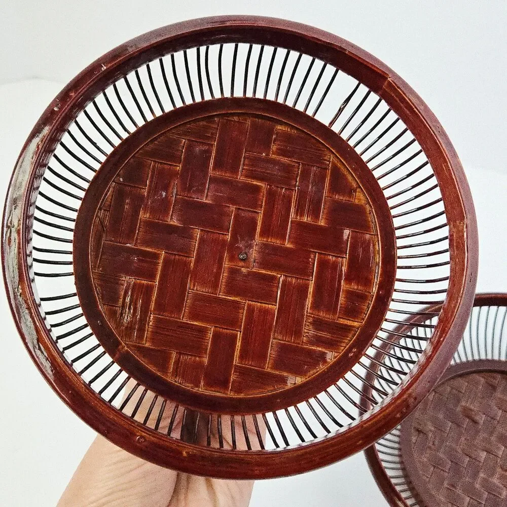 Vintage Japanese Handwoven Bamboo Lacquered Wagashi Basket w/ Lid Cricket Cage
